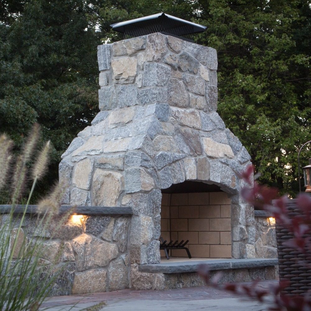 stone fireplace hardscape lights